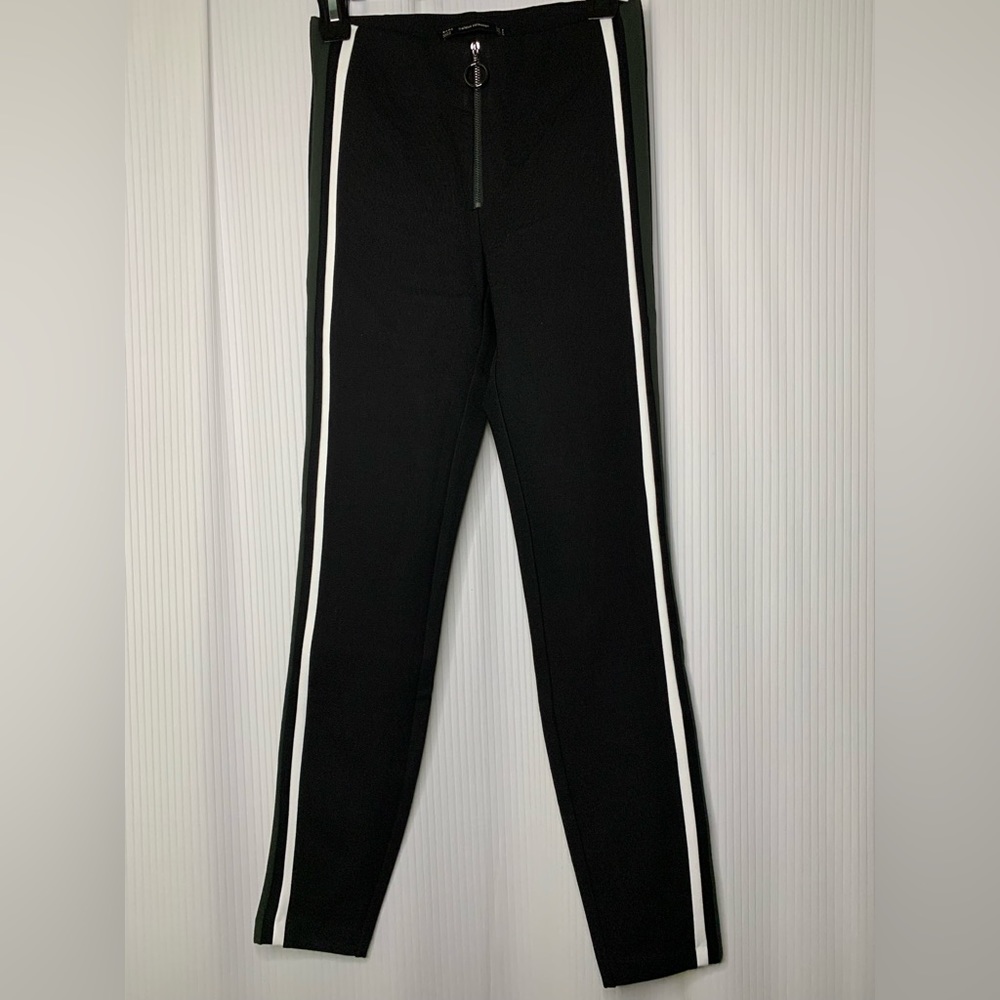 Zara Pants Black w/ Green and White Leg Stripes Fitted w/ Front Zipper Small